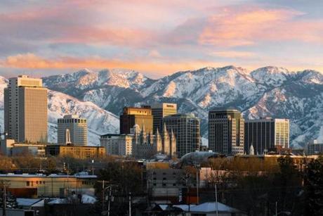 Top: The Salt Lake City skyline in front of the Wasatch Mountains. 
